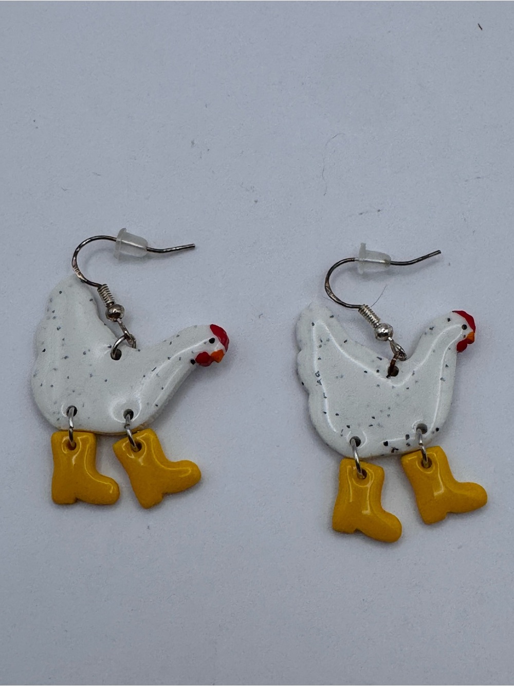 Handmade Polymer Clay White Chicken with Yellow Boots Earrings